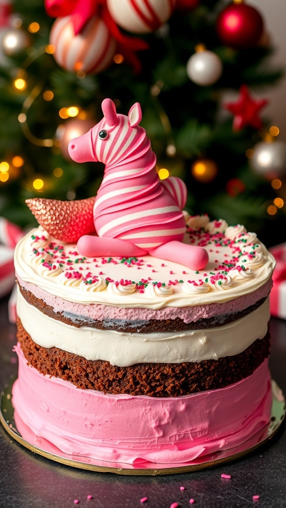 Pink Zebra Christmas Cake Recipe A festive Pink Zebra Christmas Cake with chocolate and pink layers, decorated with buttercream and sprinkles.